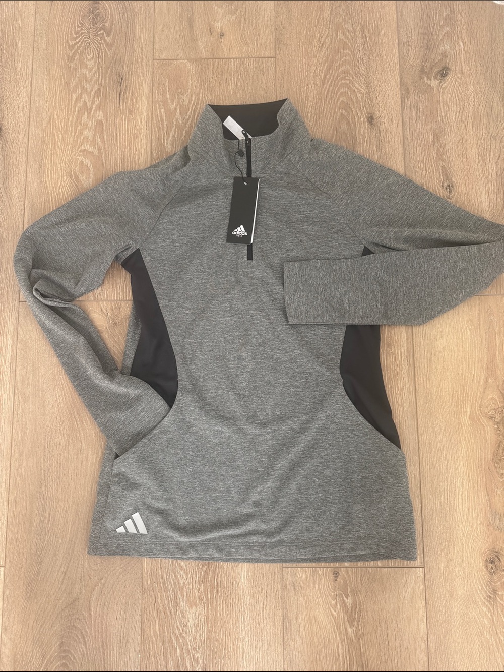 adidas Gray Heather Quarter-Zip Pullover with Black Side Panels golf collection